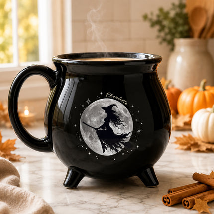 Personalized Witch Moon Cauldron Mug Flying Witch Halloween Coffee Cup