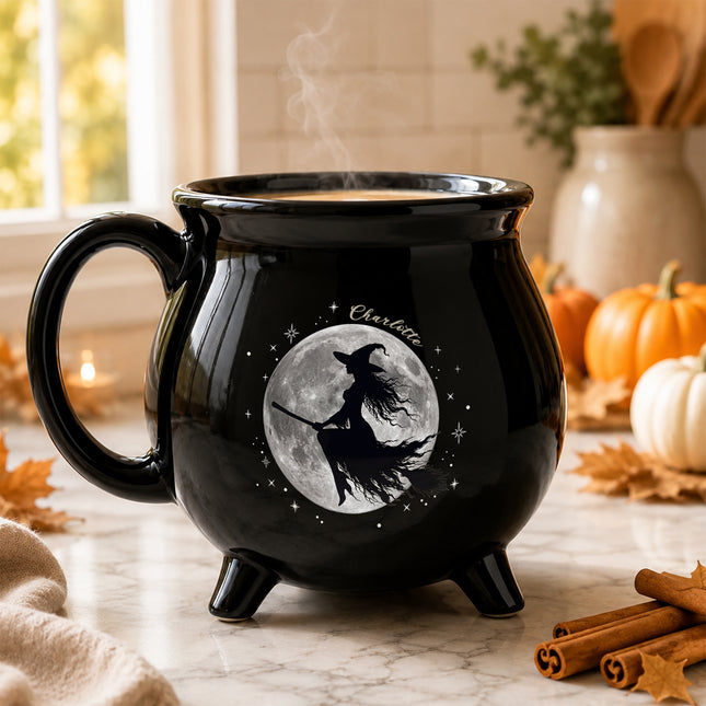 Personalized Witch Moon Cauldron Mug Flying Witch Halloween Coffee Cup