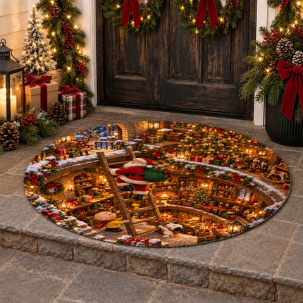 Christmas Round Rug Enchanted Toy Workshop Holiday Doormat