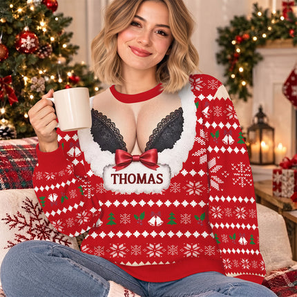 Personalized Naughty Christmas Ugly Sweatshirt Funny Fake Cleavage Design