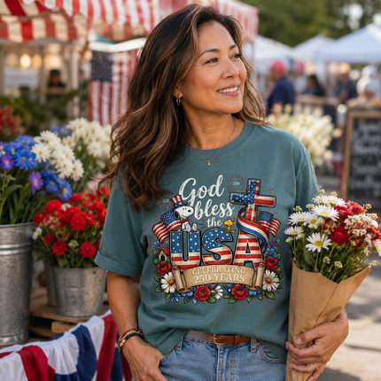 Comfort Colors God Bless The USA Celebrating 250 Years Cross Dog T-Shirt