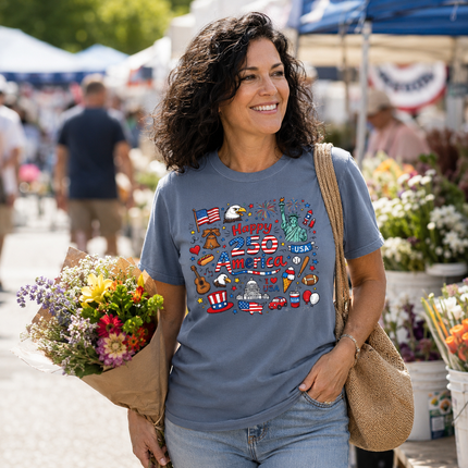 Comfort Colors Happy 250 America Patriotic Icons Doodle T-Shirt