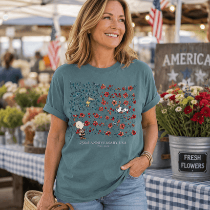 3_da5ed838-2be7-4520-9410-c4714a305967 - AuraNations - Comfort Colors 250th Anniversary USA Floral Vine Flag Friends T-Shirt - Blue Jean / S - 250TH ANNIVERSARY, ALL, COMFORT COLORS, NO CUSTOM, PRODUCTS, SNPY, TSHIRT