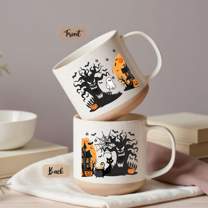 Halloween Pottery Mug Black Cat Haunted House Spooky Cup