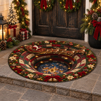 Christmas Round Rug Santa Sleigh Winter Village Doormat