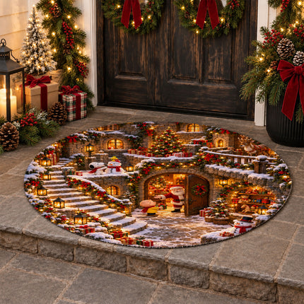 Christmas Round Rug Snowy Village Lanterns Holiday Doormat