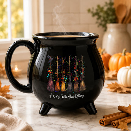 A Girls Gotta Have Options Cauldron Mug Halloween Witch Broom Coffee Cup