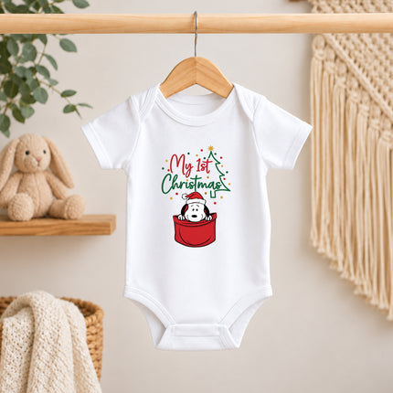 My First Christmas Santa Hat Pocket Graphic Baby Bodysuit