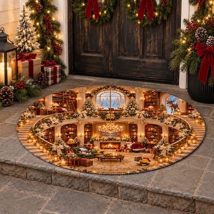 Christmas Round Rug Cozy Library Grand Staircase Holiday Doormat