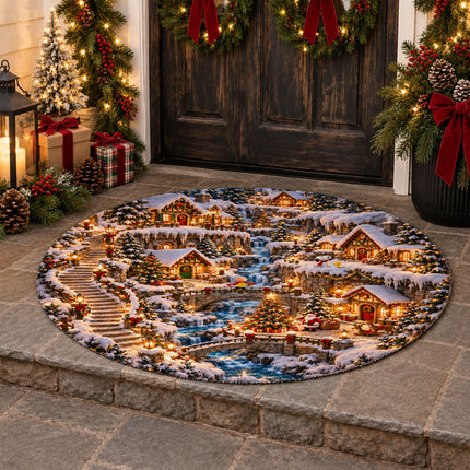 Christmas Round Rug Twinkling Cottage Waterfall Doormat