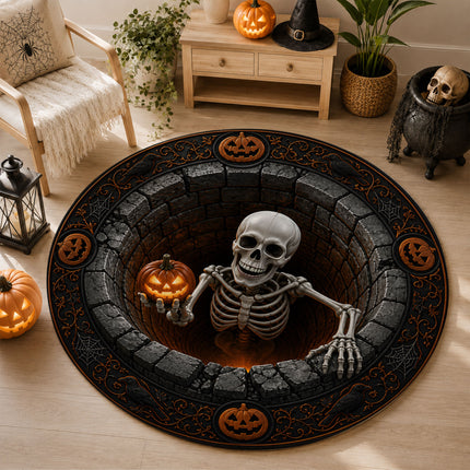 Halloween Round Rug Skeleton Pumpkin 3D Spooky Doormat