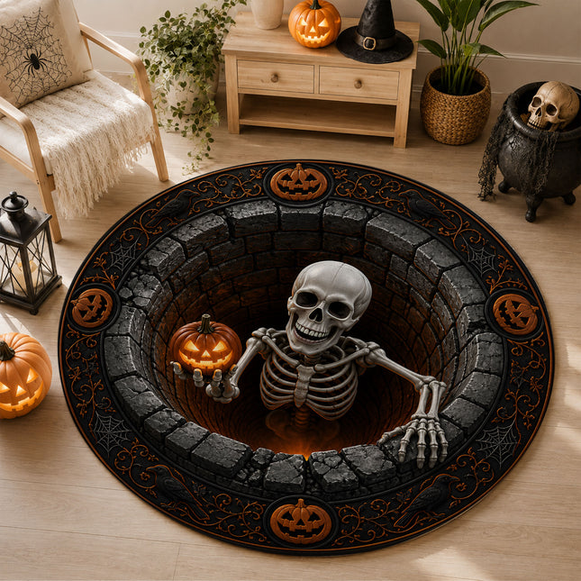 Halloween Round Rug Skeleton Pumpkin 3D Spooky Doormat
