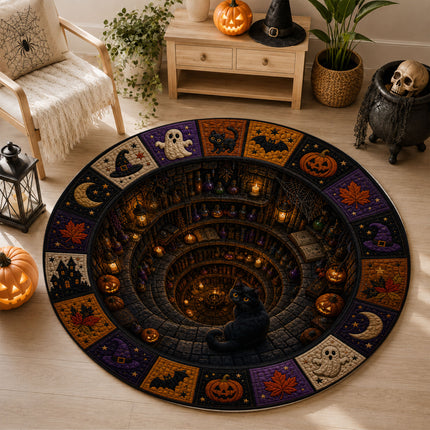 Halloween Round Rug Black Cat Witch Potion Spooky Doormat
