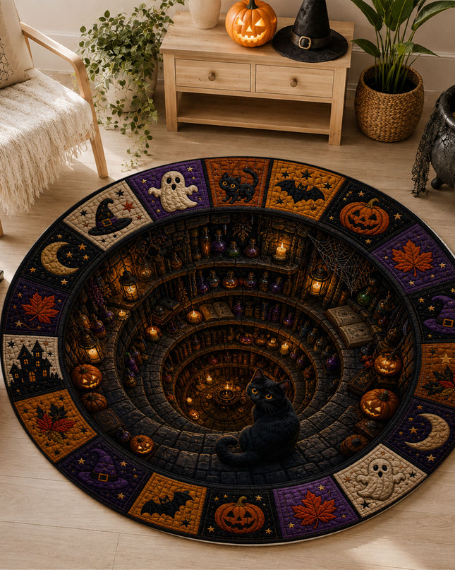 Halloween Round Rug Black Cat Witch Potion Spooky Doormat