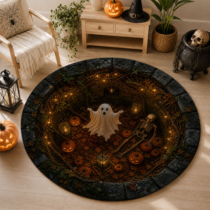 Halloween Round Rug Ghost Skeleton Pumpkin Spooky Doormat