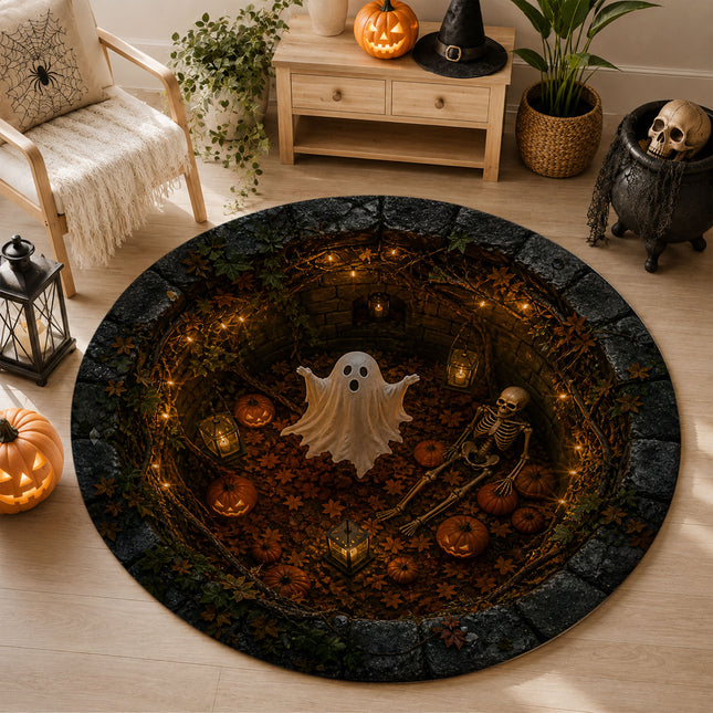 Halloween Round Rug Ghost Skeleton Pumpkin Spooky Doormat