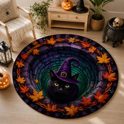 Halloween Round Rug Black Cat Witch Hat Spooky Doormat