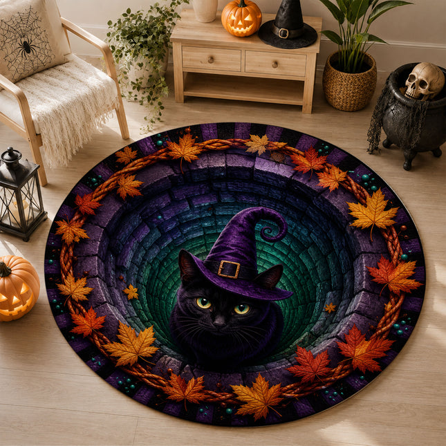 Halloween Round Rug Black Cat Witch Hat Spooky Doormat