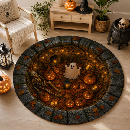 Halloween Round Rug Ghost Skeleton Pumpkin Pit Doormat