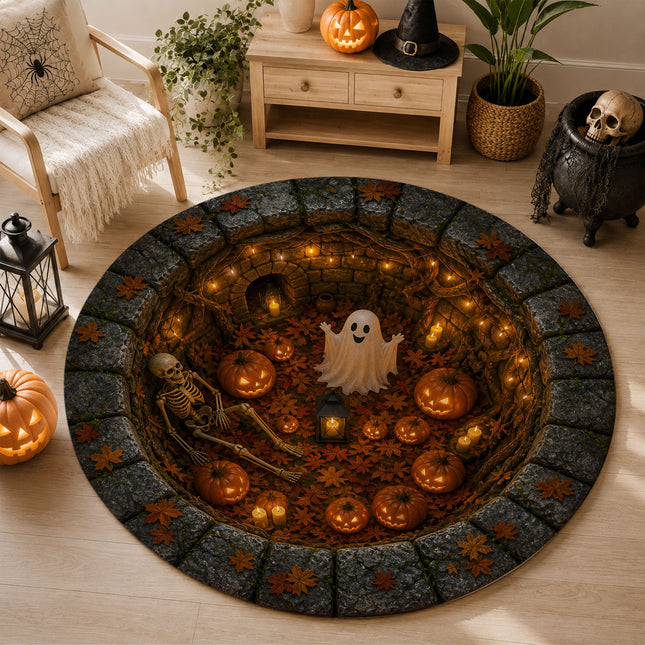 Halloween Round Rug Ghost Skeleton Pumpkin Pit Doormat