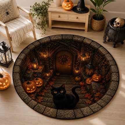 Halloween Round Rug Black Cat Pumpkin Lantern Doormat
