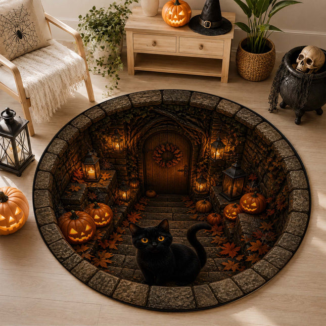 Halloween Round Rug Black Cat Pumpkin Lantern Doormat