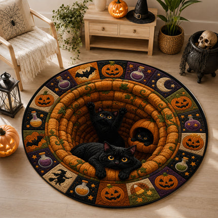 Halloween Round Rug Black Cats Pumpkin Quilt Spooky Doormat