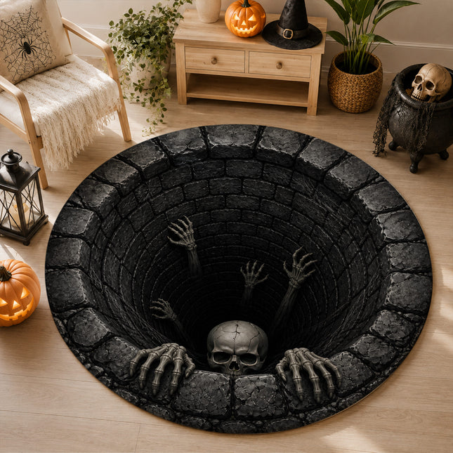 Halloween Round Rug Skeleton Well Illusion Doormat