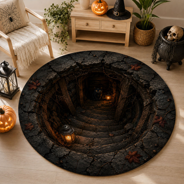 Halloween Round Rug Haunted Stairway Black Cat Doormat