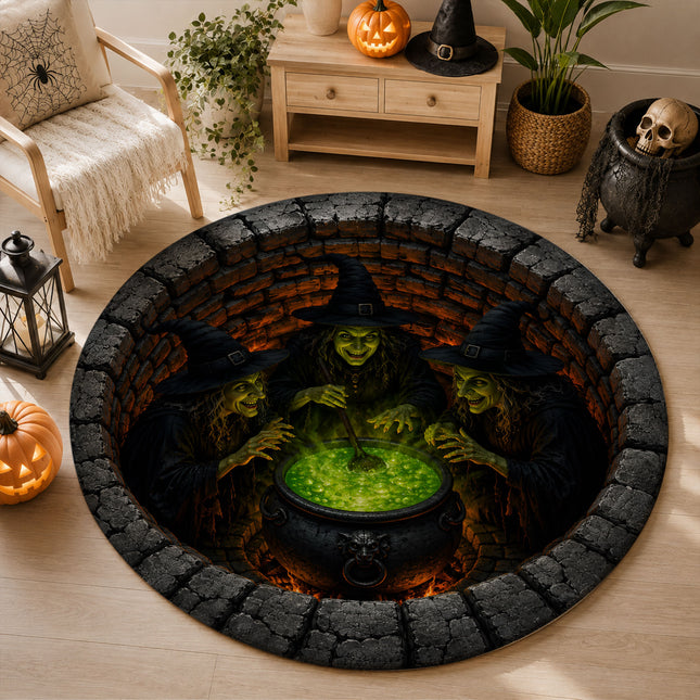 Halloween Round Rug Witch Cauldron Illusion Doormat