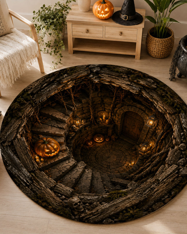 Halloween Round Rug Haunted Dungeon Stairway Doormat
