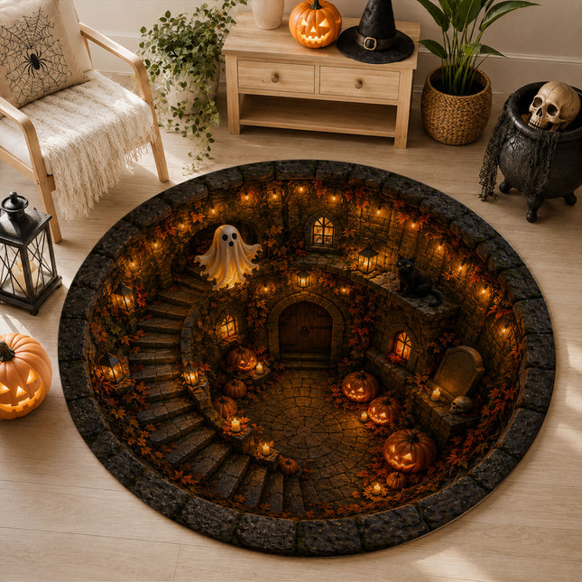 Halloween Round Rug Ghost Courtyard Black Cat Doormat