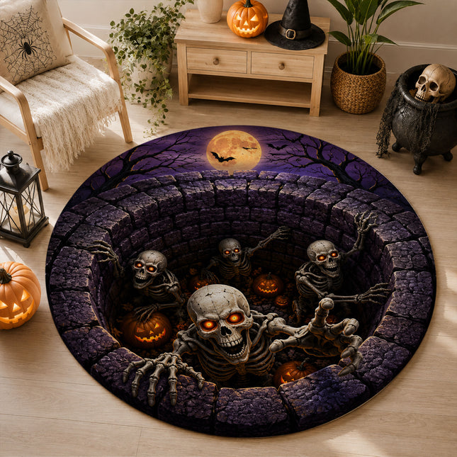 Halloween Round Rug Skeleton Pit Illusion Doormat