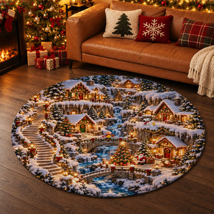 Christmas Round Rug Twinkling Cottage Waterfall Doormat