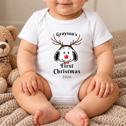 Personalized First Christmas 2026 Reindeer Name Baby Bodysuit