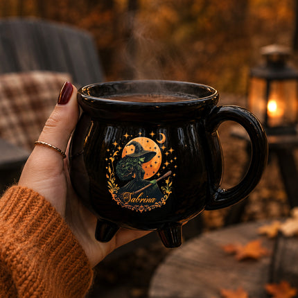 Personalized Witch Cauldron Mug Orange Moon Halloween Custom Name