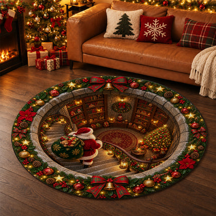 Christmas Round Rug Santa Library Holiday Doormat