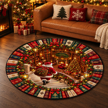 Christmas Round Rug Santa Library Fireplace Doormat