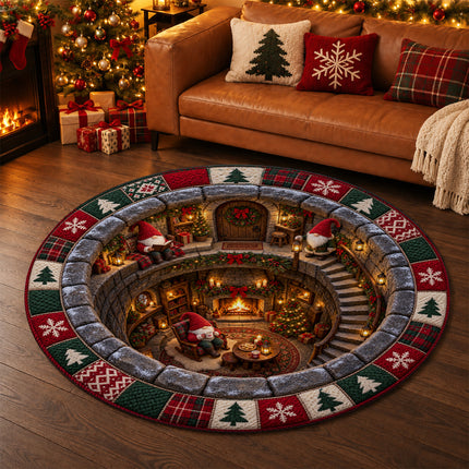 Christmas Round Rug Gnome Cottage Fireplace Doormat