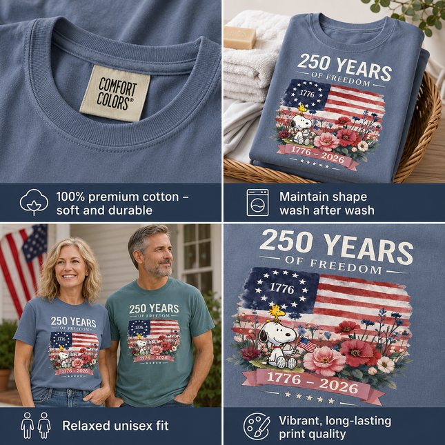 Comfort Colors 250 Years Of Freedom 1776-2026 Patriotic Floral Dog T-Shirt