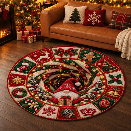 Christmas Round Rug Gnome Present Spiral Doormat