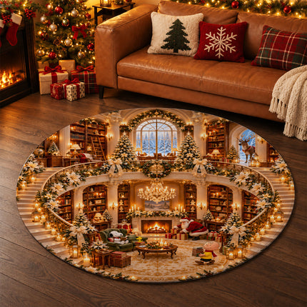 Christmas Round Rug Cozy Library Grand Staircase Holiday Doormat