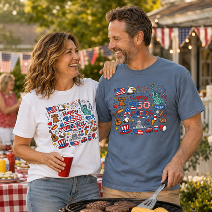 Comfort Colors Happy 250 America Patriotic Icons Doodle T-Shirt