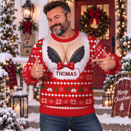 Personalized Naughty Christmas Ugly Sweatshirt Funny Fake Cleavage Design