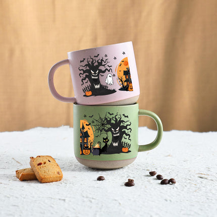 Halloween Pottery Mug Black Cat Haunted House Spooky Cup
