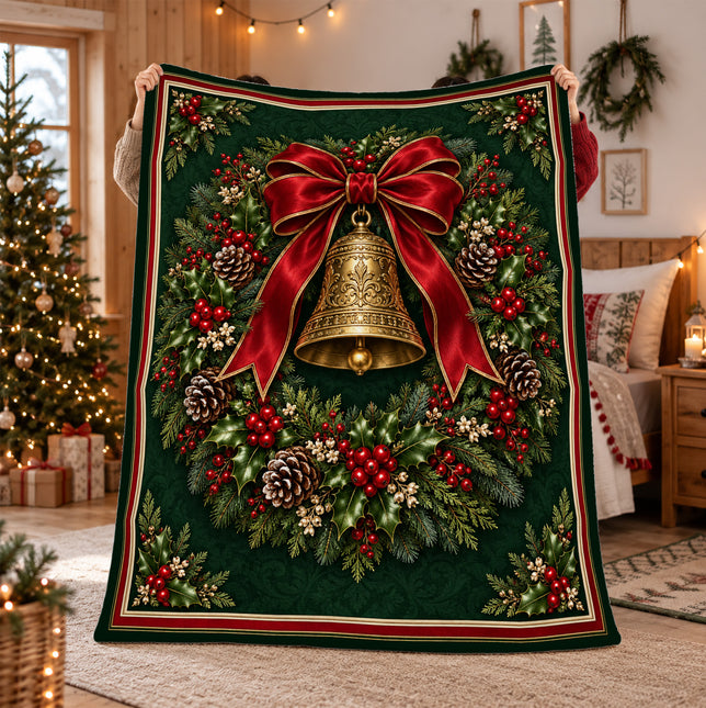 Christmas Wreath Fleece Blanket Vintage Bell Holiday Decor
