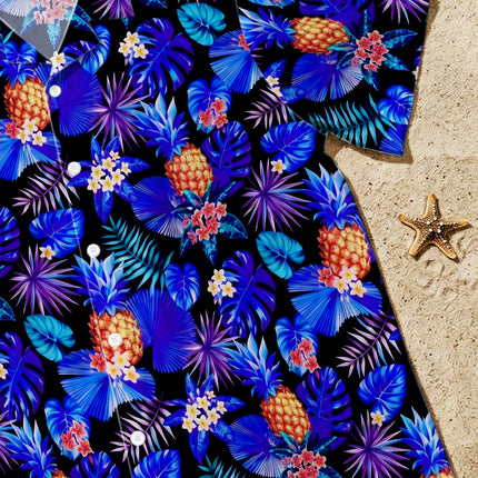 Blue Tropical Pineapple Floral Beach Summer Hawaiian Shirt