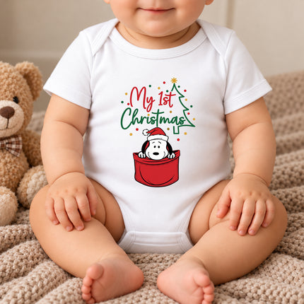 My First Christmas Santa Hat Pocket Graphic Baby Bodysuit