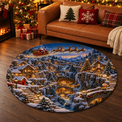 Christmas Round Rug Snowy Mountain Village Holiday Doormat