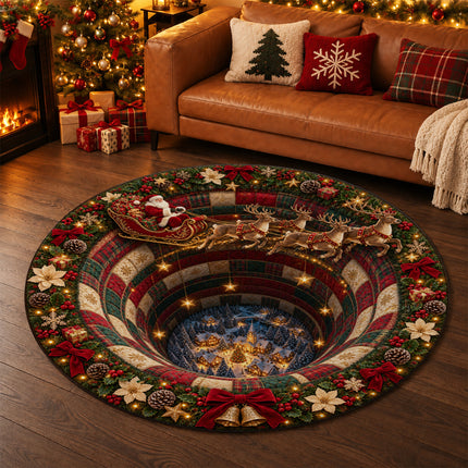 Christmas Round Rug Santa Sleigh Winter Village Doormat